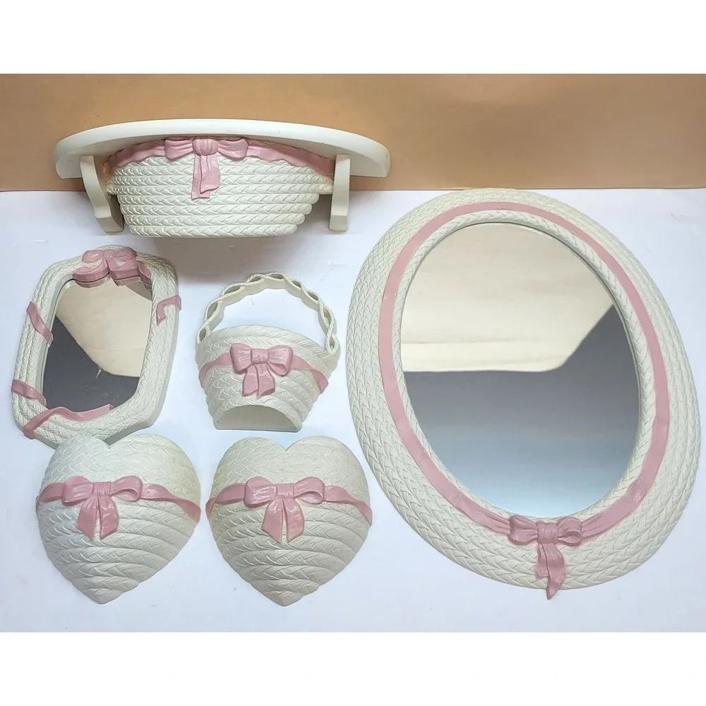 Vtg Burwood Wicker Style Wall Decor Set 6pc White w/Pink Bow Mirror Shelf Hearts